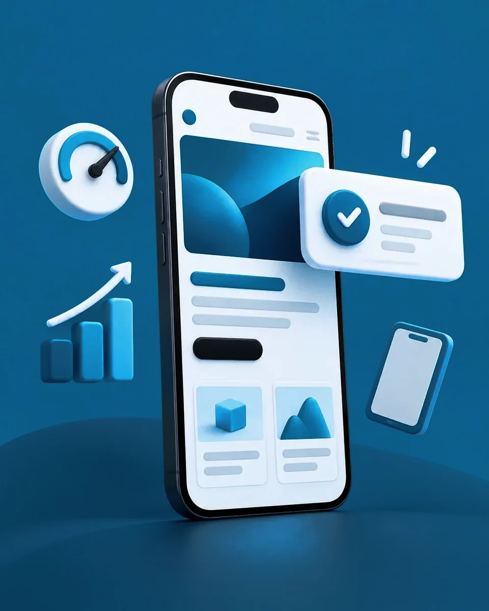 Telefonda açık kurumsal bir web sitesi ve yeni müşteri talebi bildirimi; yanında hız göstergesi ve yükselen grafik